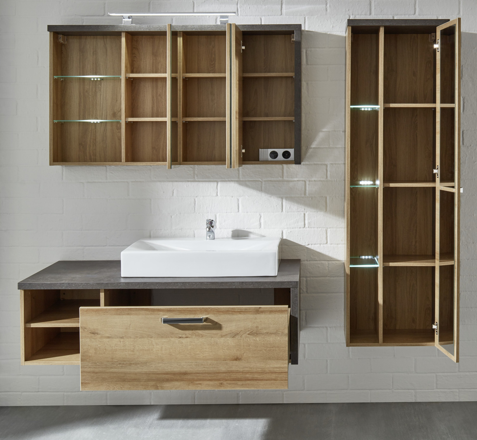 Badmöbel komplett Set Waschtisch mit Waschbecken Bad in Eiche Honig und