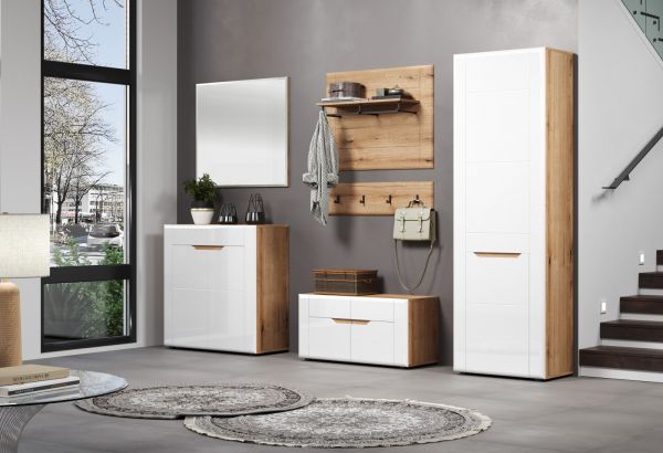 Garderobenschrank Marlon in wei Hochglanz und Evoke Eiche Garderobe oder groer Schuhschrank 65 x 203 cm
