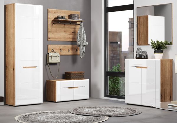 Garderobenschrank Marlon in wei Hochglanz und Evoke Eiche Garderobe oder groer Schuhschrank 65 x 203 cm