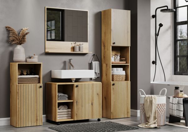 Waschbeckenunterschrank Bliss in Evoke Eiche Badschrank auf Rollen 80 cm