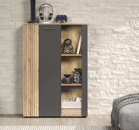 Highboard Esteban in grau und Evoke Eiche Vitrine 90 x 132 cm