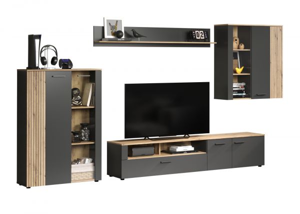 Wohnwand Esteban in grau und Evoke Eiche Schrankwand 4-teilig 340 cm