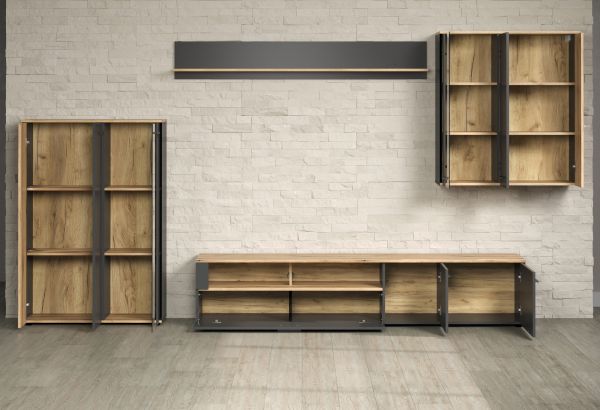 Wohnwand Esteban in grau und Evoke Eiche Schrankwand 4-teilig 340 cm