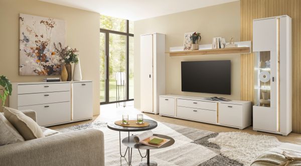Sideboard Bellport in wei matt und Wotan Eiche Kommode inklusive Frontbeleuchtung 150 cm
