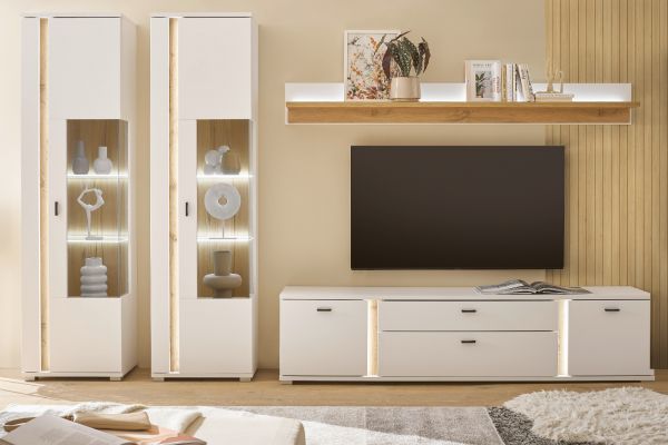 Wohnwand Bellport in wei matt und Wotan Eiche Wohnkombination inklusive Frontbeleuchtung 330 x 200