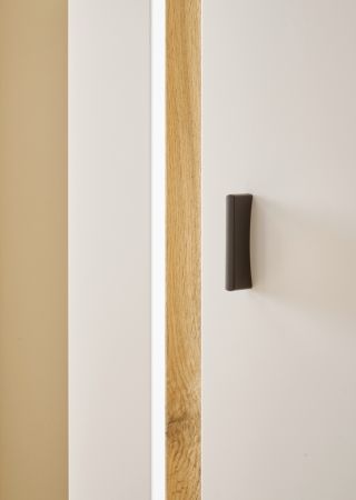 Wohnwand Bellport in wei matt und Wotan Eiche Wohnkombination inklusive Frontbeleuchtung 330 x 200