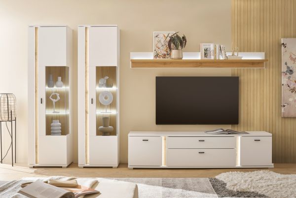 Wohnwand Bellport in wei matt und Wotan Eiche Wohnkombination inklusive Frontbeleuchtung 330 x 200
