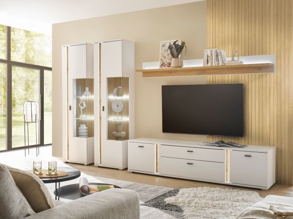 Wohnwand Bellport in wei matt und Wotan Eiche Wohnkombination inklusive Frontbeleuchtung 330 x 200