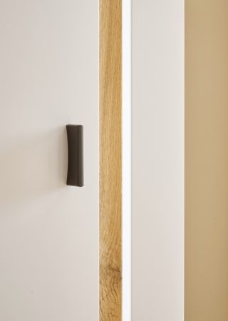 Wohnwand Bellport in wei matt und Wotan Eiche Wohnkombination inklusive Frontbeleuchtung 330 x 200