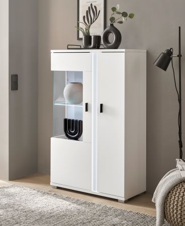 Vitrine Bellport in wei matt Highboard inklusive Frontbeleuchtung 80 x 125 cm