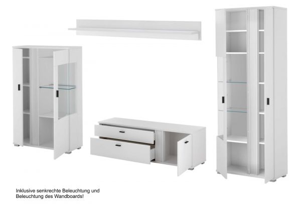 Wohnwand Bellport in wei matt Wohnkombination inklusive Frontbeleuchtung 330 x 200