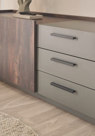 Wohnwand Piano in Thermo Eiche und grau Wohnkombination 4-teilig mit Soft-Close 327 x 200 cm