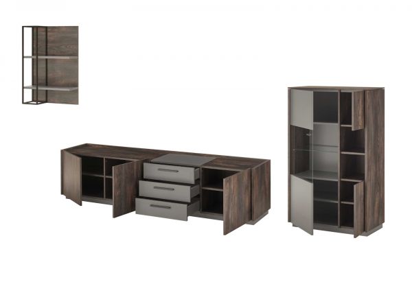 Wohnwand Piano in Thermo Eiche und grau Wohnkombination 3-teilig mit Soft-Close 320 x 180 cm