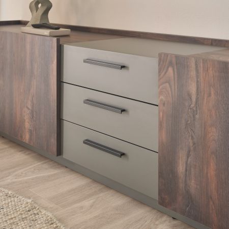 Wohnwand Piano in Thermo Eiche und grau Wohnkombination 3-teilig mit Soft-Close 320 x 180 cm