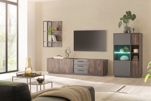 Wohnwand Piano in Thermo Eiche und grau Wohnkombination 3-teilig mit Soft-Close 320 x 180 cm