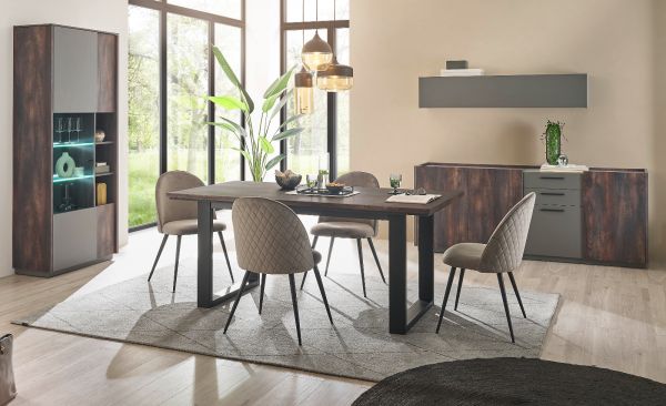 Wohnwand Piano in Thermo Eiche und grau Wohnkombination 3-teilig mit Soft-Close 320 x 180 cm