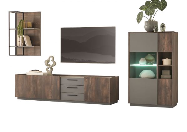 Wohnwand Piano in Thermo Eiche und grau Wohnkombination 3-teilig mit Soft-Close 320 x 180 cm