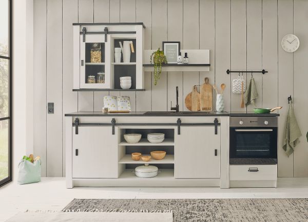 Kche Stove in wei Pinie und anthrazit Landhaus Kchenschrank Set 4-teilig 264 x 200 cm