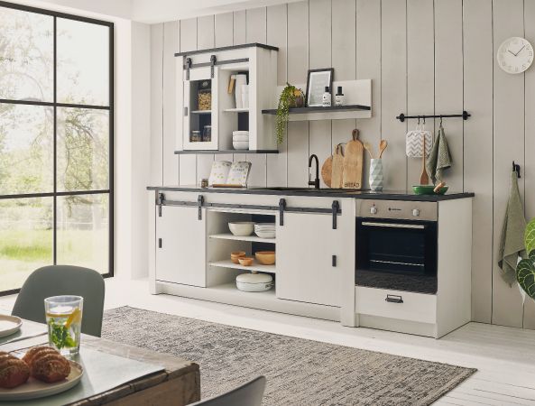 Kche Stove in wei Pinie und anthrazit Landhaus Kchenschrank Set 4-teilig 264 x 200 cm