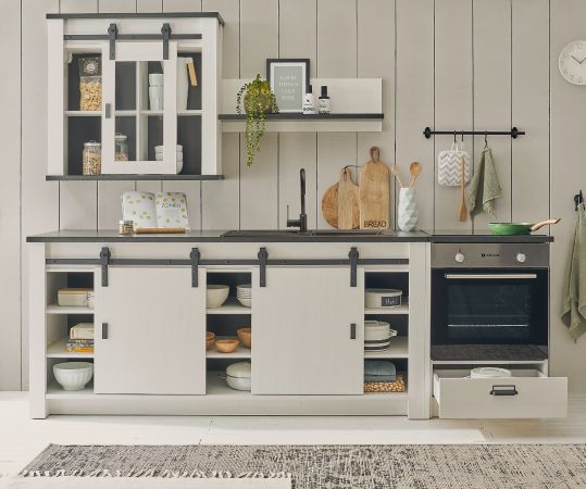 Kche Stove in wei Pinie und anthrazit Landhaus Kchenschrank Set 4-teilig 264 x 200 cm