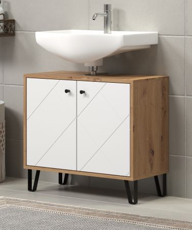 Waschbeckenunterschrank Touch in wei matt Lack und Artisan Eiche Badschrank 69 x 61 cm