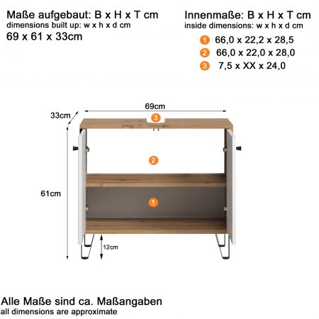 Waschbeckenunterschrank Touch in wei matt Lack und Artisan Eiche Badschrank 69 x 61 cm