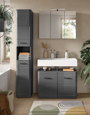 Bad Hochschrank Strong in grau Hochglanz 30 x 180 cm, mit Soft-Close