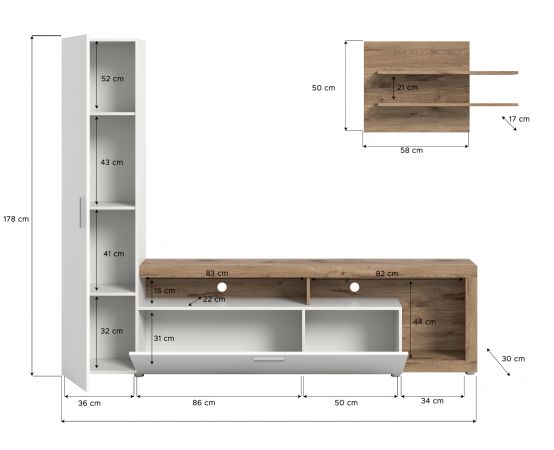 Wohnwand Remo in wei und Viking Eiche Wohnkombination 218 x 178 cm