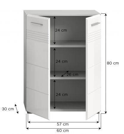 Badezimmer Midischrank Carlo in wei Hochglanz und grau Badkommode mit Soft-Close 60 x 80 cm