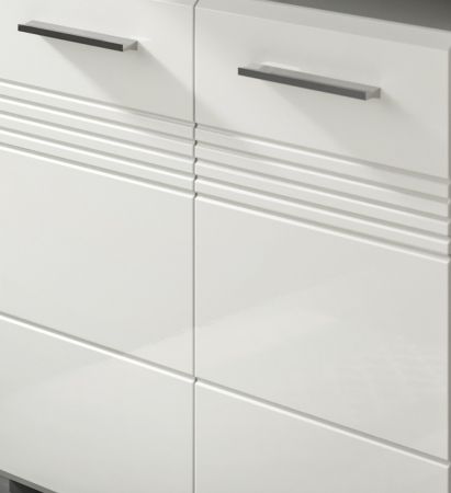 Badezimmer Midischrank Carlo in wei Hochglanz und grau Badkommode mit Soft-Close 60 x 80 cm