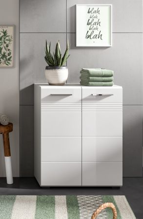 Badezimmer Midischrank Carlo in wei Hochglanz und grau Badkommode mit Soft-Close 60 x 80 cm