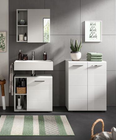 Badezimmer Midischrank Carlo in wei Hochglanz und grau Badkommode mit Soft-Close 60 x 80 cm