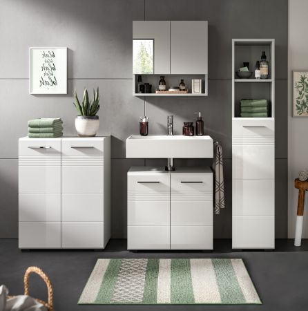 Badezimmer Midischrank Carlo in wei Hochglanz und grau Badkommode mit Soft-Close 60 x 80 cm