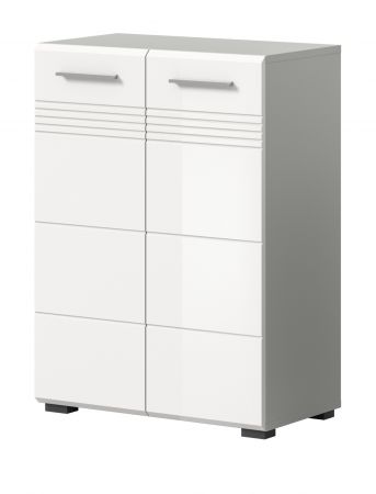 Badezimmer Midischrank Carlo in wei Hochglanz und grau Badkommode mit Soft-Close 60 x 80 cm
