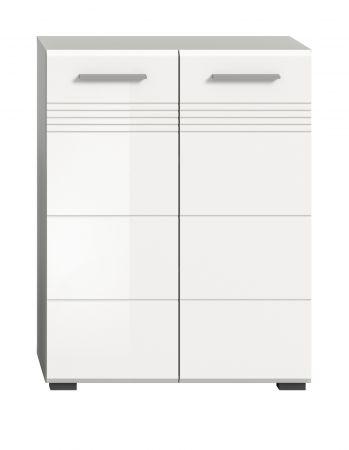 Badezimmer Midischrank Carlo in wei Hochglanz und grau Badkommode mit Soft-Close 60 x 80 cm