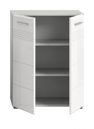 Badezimmer Midischrank Carlo in wei Hochglanz und grau Badkommode mit Soft-Close 60 x 80 cm