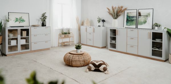 Kommode Hanno in grau und Hickory Walnuss Sideboard 125 x 94 cm