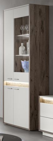 Vitrine Jalena in grau und Nox Eiche Vitrinenschrank mit Beleuchtung und Soft-Close 82 x 198 cm