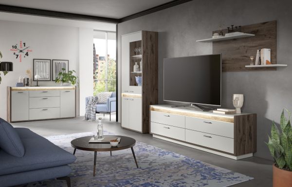 Vitrine Jalena in grau und Nox Eiche Vitrinenschrank mit Beleuchtung und Soft-Close 82 x 198 cm