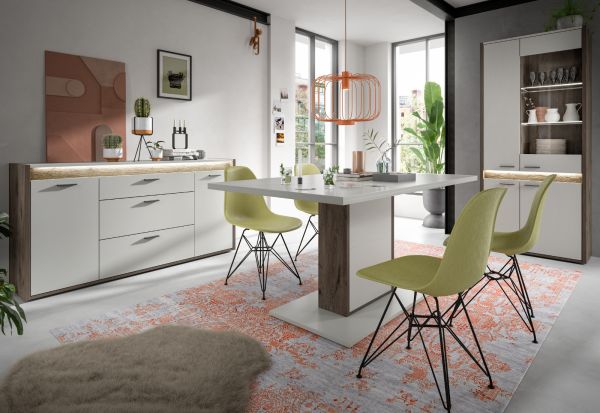 Vitrine Jalena in grau und Nox Eiche Vitrinenschrank mit Beleuchtung und Soft-Close 82 x 198 cm