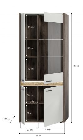 Vitrine Jalena in grau und Nox Eiche Vitrinenschrank mit Beleuchtung und Soft-Close 82 x 198 cm