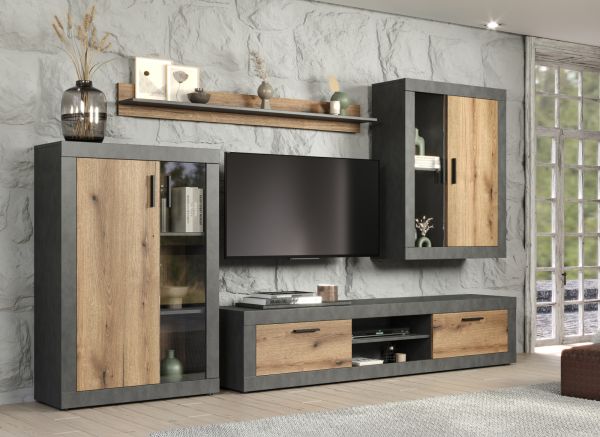 Wohnwand Salvada in Evoke Eiche und Matera grau Schrankwand 4-teilig 285 cm