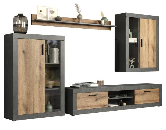Wohnwand Salvada in Evoke Eiche und Matera grau Schrankwand 4-teilig 285 cm