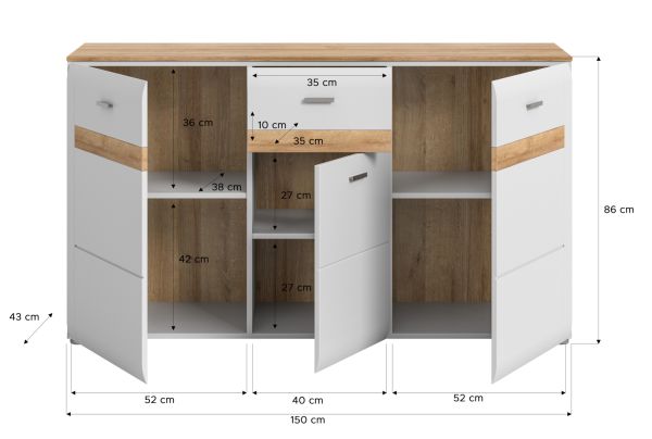 Sideboard Darell in grau und Riviera Eiche Kommode 150 cm, Soft-Close