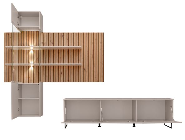 Wohnwand Laelia in Sand matt und Artisan Eiche 280 cm Schrankwand inklusive LED Beleuchtung, Push-to-Open