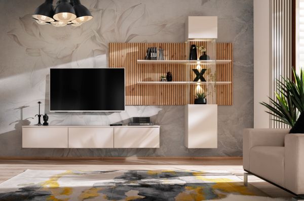 Wohnwand Laelia in Sand matt und Artisan Eiche 280 cm Schrankwand inklusive LED Beleuchtung, Push-to-Open