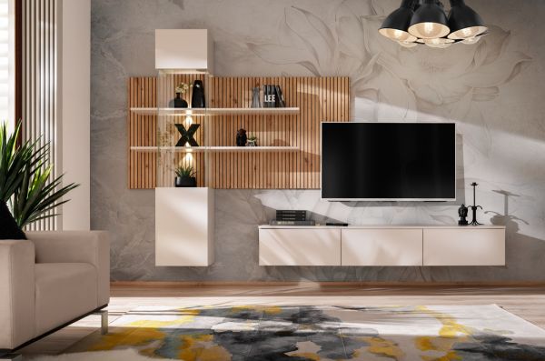 Wohnwand Laelia in Sand matt und Artisan Eiche 280 cm Schrankwand inklusive LED Beleuchtung, Push-to-Open