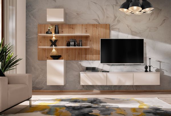 Wohnwand Laelia in Sand matt und Artisan Eiche 280 cm Schrankwand inklusive LED Beleuchtung, Push-to-Open