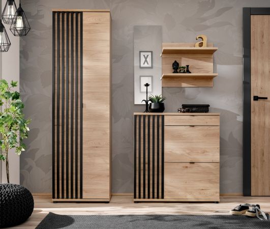 Garderobenschrank Collin in Jackson Eiche und schwarz Schuhschrank mit 3-D Lamellen 60 cm