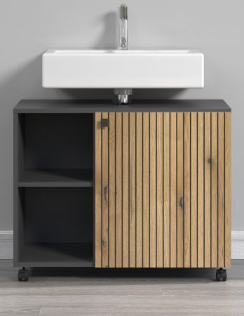 Waschbeckenunterschrank Bliss in Evoke Eiche und grau Badschrank auf Rollen 80 cm
